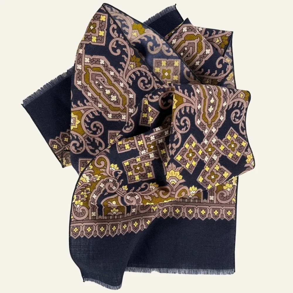 Vintage 70s Mens Wool Scarf Navy Gold Psychedelic Paisley Fringed 56x11